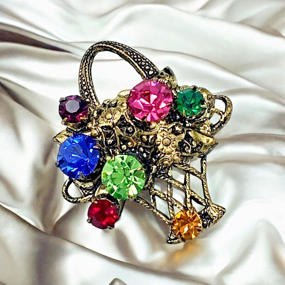 Czech Flower Bouquet Brooch Vtg Basket Glass Gem Rhinestone Feminine Royal Pin